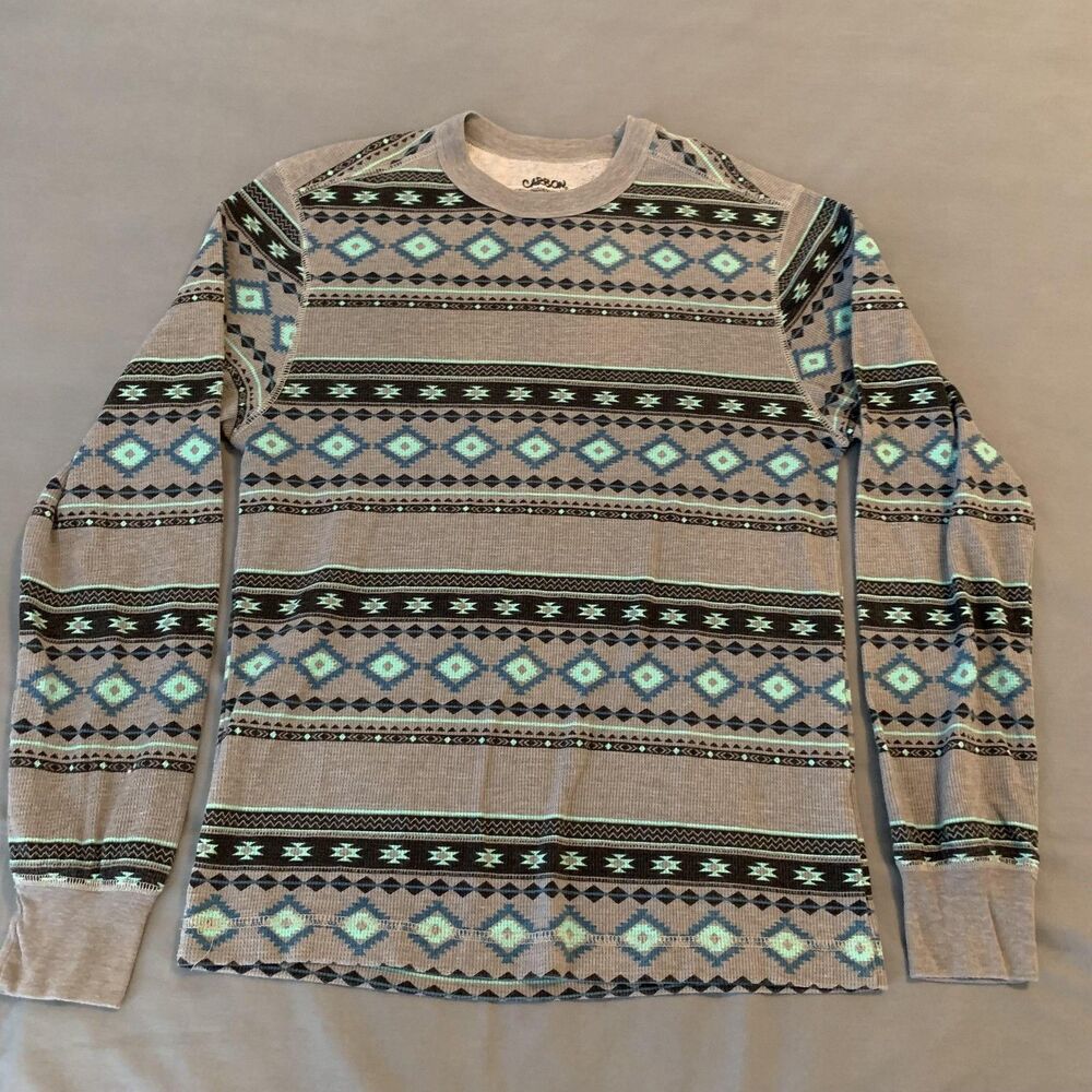 Carbon Shirt Mens Small Gray Blue Aztec Thermal Long Sleeve Crewneck Waffle Knit